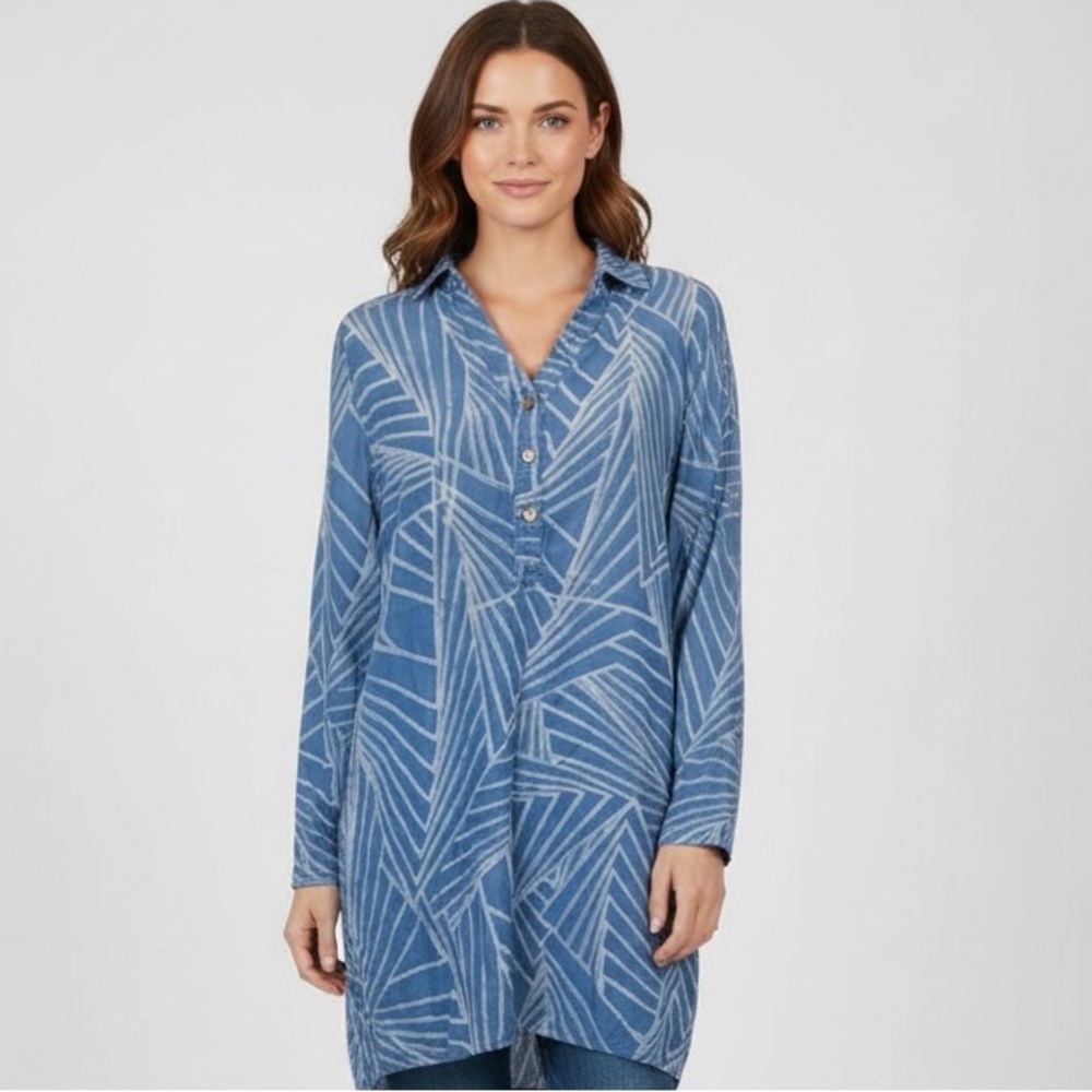 CHELSEA & THEODORE Blue Abstract Shirtdress Shirt Dress Small